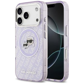   Karl Lagerfeld case Magsafe IML glitter case metal camera frame and buttons Karl and Choupette heads on KL repeated logo iPhone 17 Pro Max tok, lila