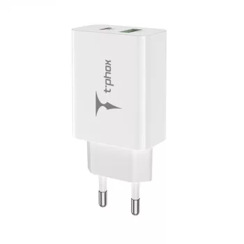   T-PHOX Speedy USB-C 20W, + USB 18W QC 3.0, hálózati töltő, fehér