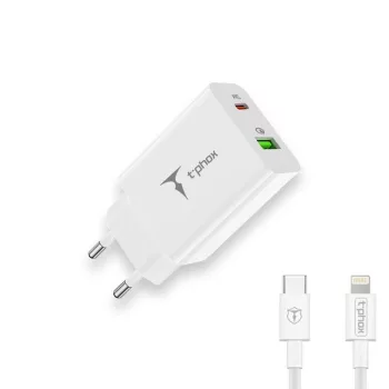   T-PHOX Speedy USB-C 20W,/USB 18W PD QC + Lightning kábel, 1m, hálózati töltő, fehér