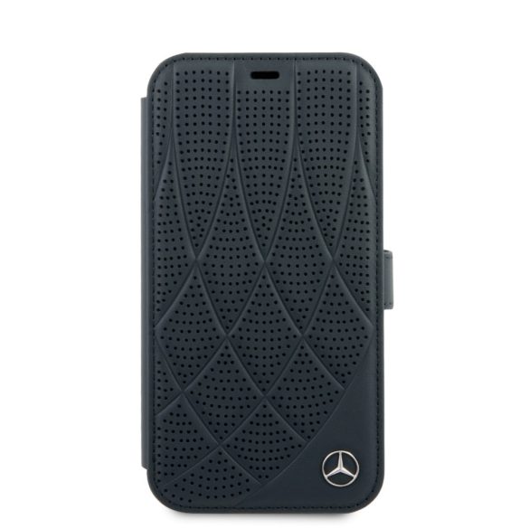 Mercedes-Benz iPhone 12 Pro Max Genuine Leather (MEFLBKP12LDIQNA) eredeti bőr, oldalra nyíló tok, sötétkék