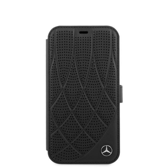 Mercedes-Benz iPhone 12 Mini 5,4" Genuine Leather (MEFLBKP12SDIQBK) eredeti bőr, oldalra nyíló tok, fekete
