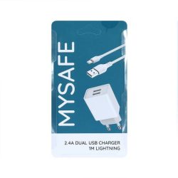   Mysafe CH24A USB hálózati töltő adapter, és USB/Lightning 1m kábel, 2.4A, fehér