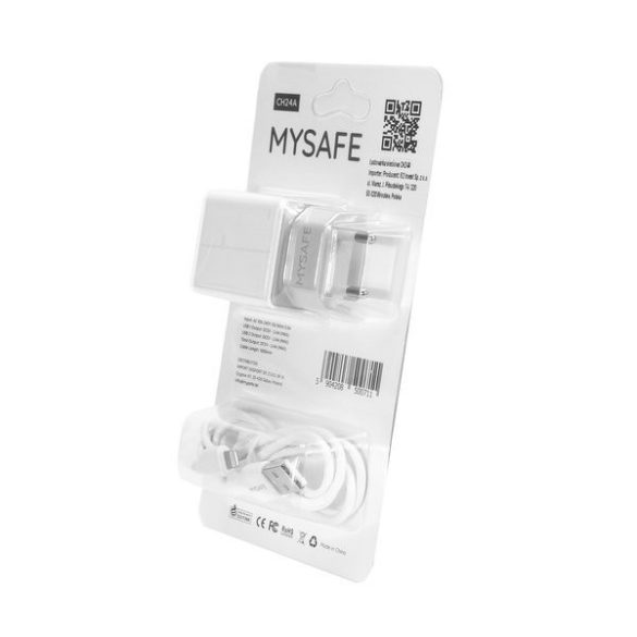 Mysafe CH24A USB hálózati töltő adapter, és USB/Lightning 1m kábel, 2.4A, fehér