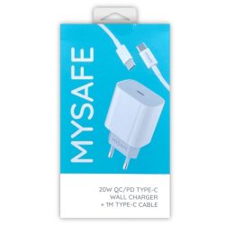  Mysafe CH20W USB-C hálózati töltő adapter USB-C kábellel, gyorstöltő, 20W, fehér