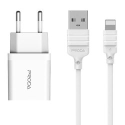   Proda PD-A113 USB hálózati töltő adapter, és USB/Lightning kábel, 2.4A, fehér