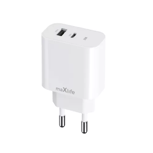 Maxlife MXTC-06-25AC PD QC hálózati töltő 1x USB-C 1x USB 25W, fehér