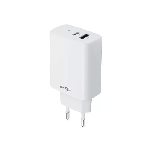Maxlife MXTC-10-30AC PD QC hálózati töltő 1x USB-C 1x USB 30W, fehér