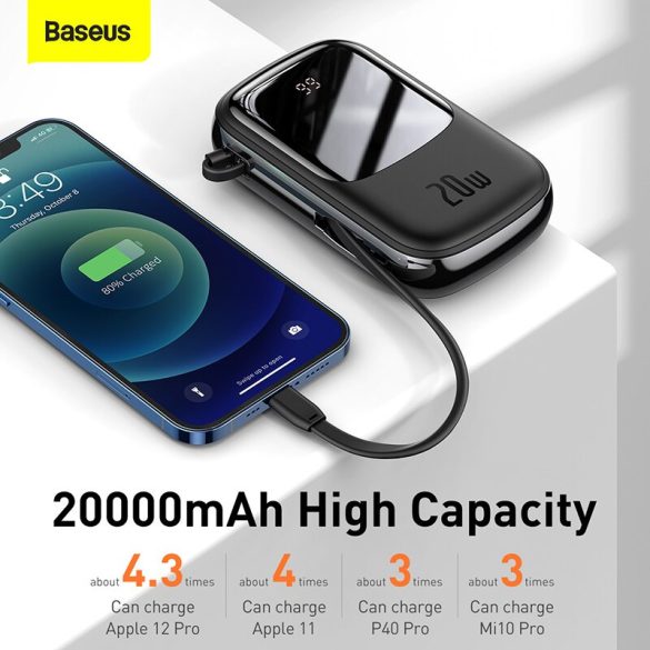 Baseus PPQD-I01 Qpow Power Bank, hordozható külső akkumulátor USB/USB-C, USB-C kábellel, 20000 mAh, 22.5W, fekete