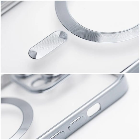 Electro Mag iPhone 12 Pro Max Magsafe kompatibilis kameravédős hátlap, tok, ezüst-átlátszó