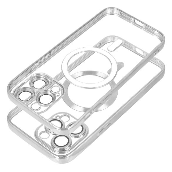 Electro Mag iPhone 13 Pro Magsafe kompatibilis kameravédős hátlap, tok, ezüst-átlátszó