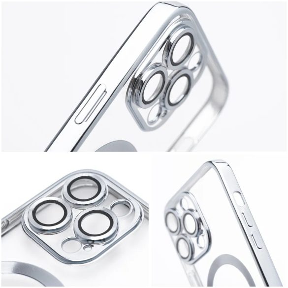 Electro Mag iPhone 13 Pro Magsafe kompatibilis kameravédős hátlap, tok, ezüst-átlátszó
