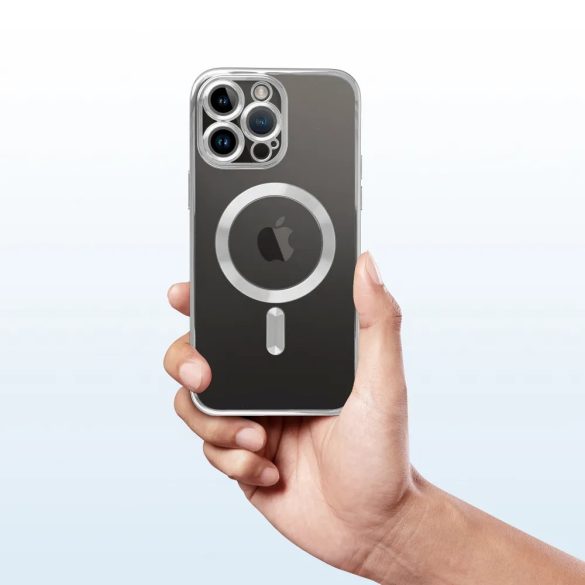 Electro Mag iPhone 13 Pro Max Magsafe kompatibilis kameravédős hátlap, tok, ezüst-átlátszó