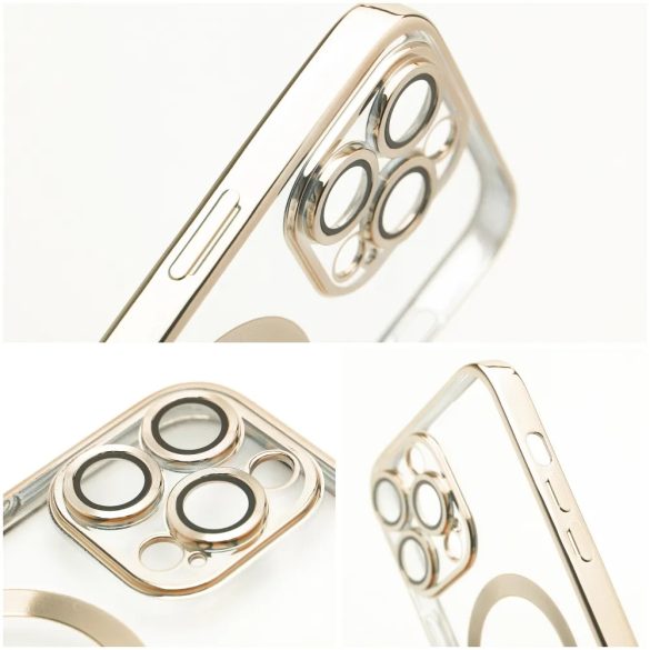 Electro Mag iPhone 14 Pro Magsafe kompatibilis kameravédős hátlap, tok, arany-átlátszó