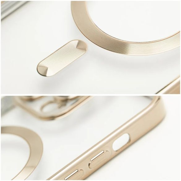 Electro Mag iPhone 14 Pro Magsafe kompatibilis kameravédős hátlap, tok, arany-átlátszó
