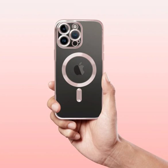 Electro Mag iPhone 14 Pro Magsafe kompatibilis kameravédős hátlap, tok, rozé arany-átlátszó