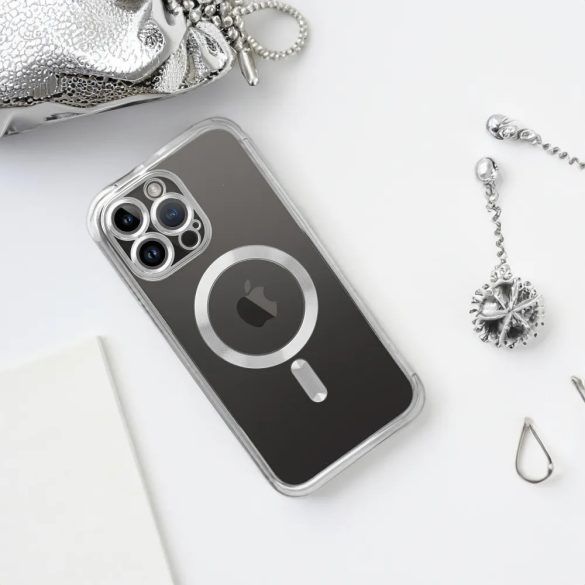 Electro Mag iPhone 14 Plus Magsafe kompatibilis kameravédős hátlap, tok, ezüst-átlátszó