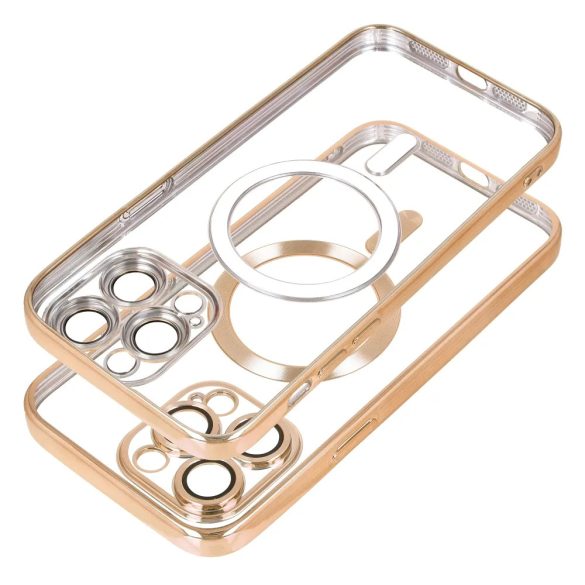 Electro Mag iPhone 14 Plus Magsafe kompatibilis kameravédős hátlap, tok, arany-átlátszó