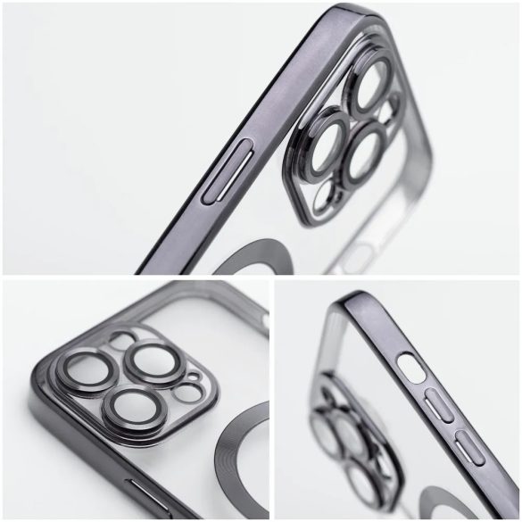 Electro Mag iPhone 14 Plus Magsafe kompatibilis kameravédős hátlap, tok, fekete-átlátszó