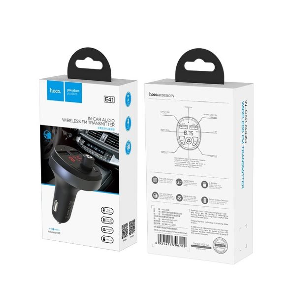 Hoco E41 univerzális FM Bluetooth Transmiter autós töltő, 2xUSB, fekete