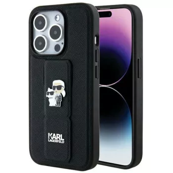   Karl Lagerfeld KLHCP14LGSAKCPK Gripstand Saffiano Karl&Choupette Pins case for iPhone 14 Pro iPhone 14 Pro 6.1", hátlap, tok, fekete
