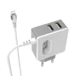 Borofone BA34 2xUSB hálózati töltő adapter és USB/Lightning kábel, gyorstöltő, 2.4A, fehér