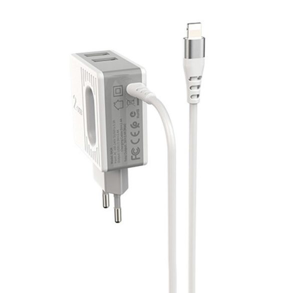 Borofone BA34 2xUSB hálózati töltő adapter és USB/Lightning kábel, gyorstöltő, 2.4A, fehér