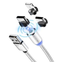   USB Magnetic Cable Cafele 3in1 USB, Type-C, Lightning LED kábel, ezüst