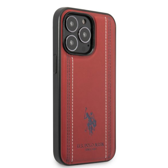 U.S. Polo iPhone 14 Pro Leather Stitched Lines hátlap, tok, piros