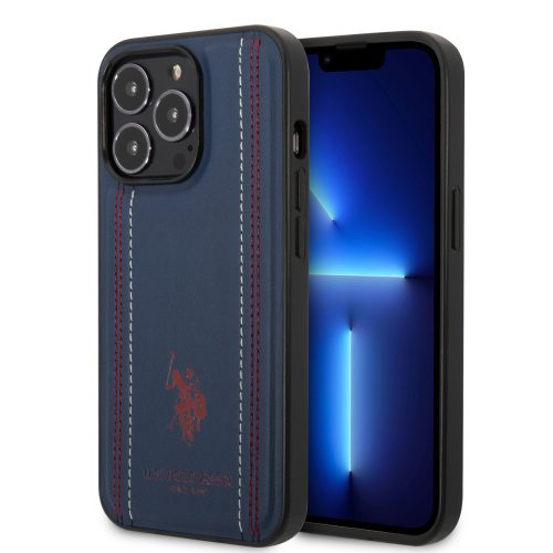 U.S. Polo iPhone 14 Pro Leather Stitched Lines hátlap, tok, sötétkék